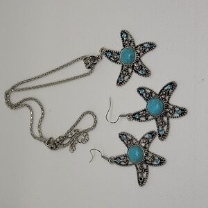 Star Fish Silver Tone Faux Turquoise Rhinestone 1.5" Earrings 18" + 2.5 Ext Neck